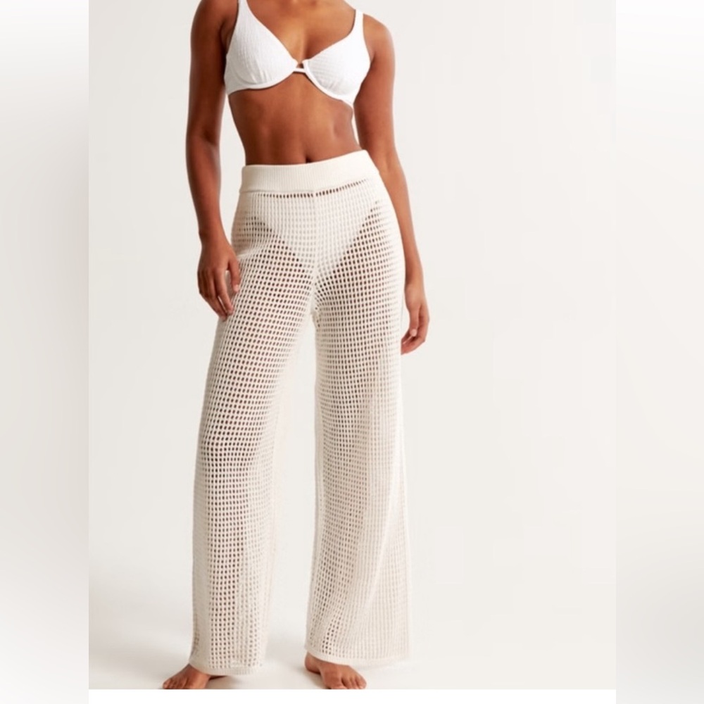 Cream Crochet Knit Drawstring Cover Up Pants Size M NWOT
